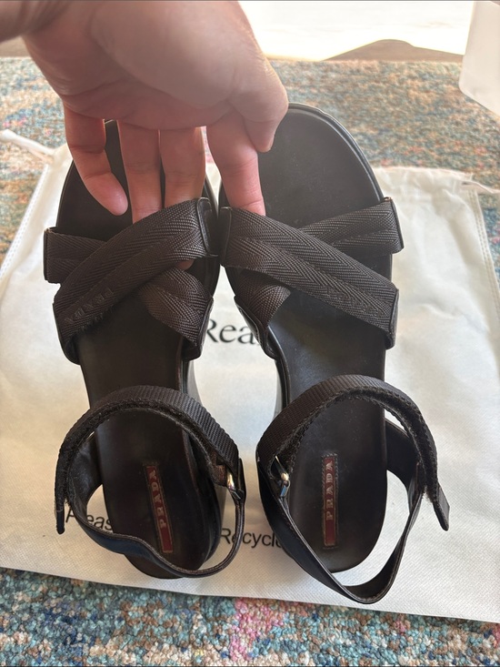Prada Shoes - Prada dark brown/Black Leather and Webbing Crisscross Sandals w Velcro strap